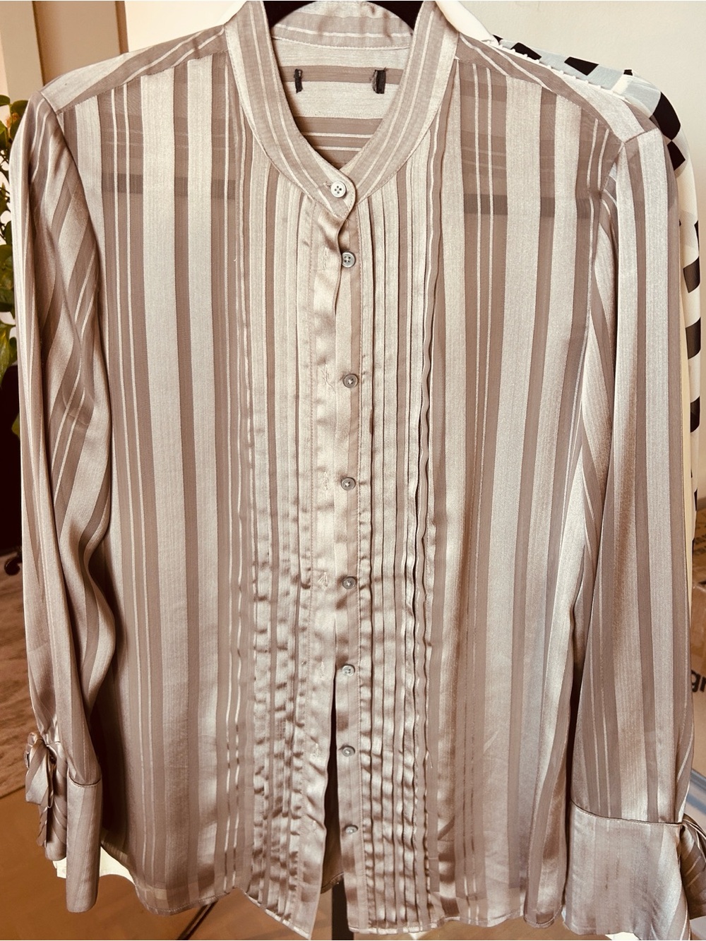 BoutiqueNY Satin Stripe tuxedo front Shirt taupe. With embellished cuffs. Classy